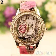 Mujeres de torre Eiffel rosa patrón impreso Rhinestone del análogo de cuarzo reloj de pulsera