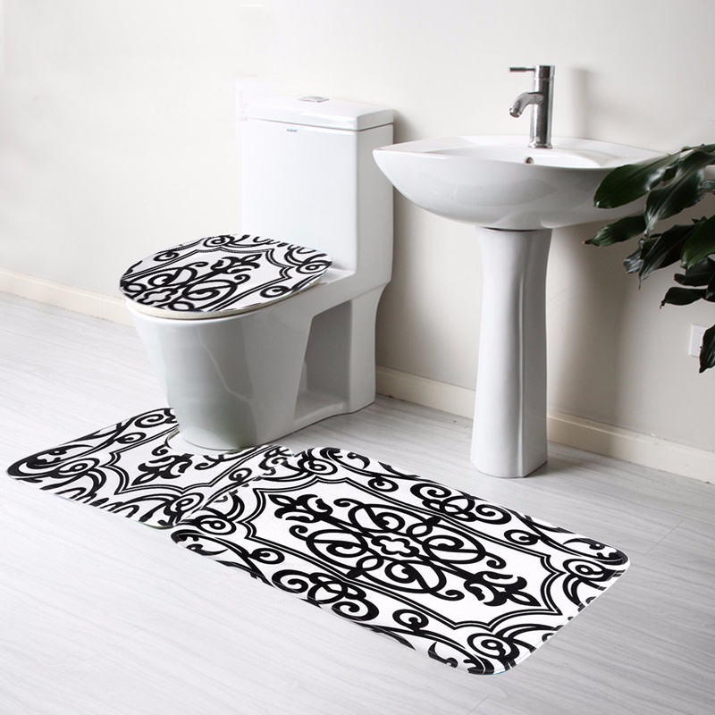 2019 Wholesale Bathroom Non Slip Contour Rug Set Black White Mix