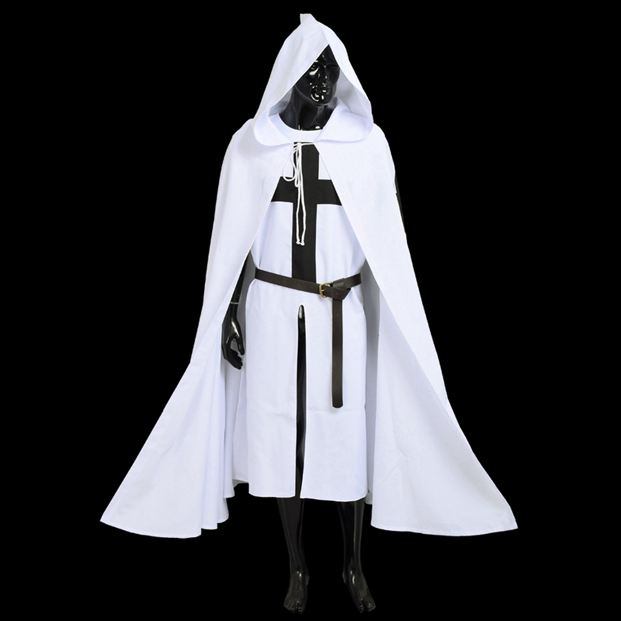 Fantasy Men's Medieval Templar Knights Cloak Cosplay White Warrior Larp Costume Tunic /CAPE Black Cross Print Cloak Ouitfit