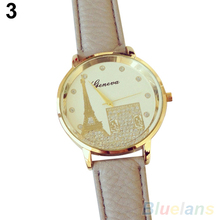 Mujeres de ginebra torre Eiffel impreso Dial de cuero de imitación cuarzo analógico reloj de pulsera