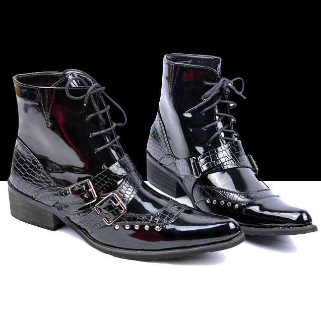 Free shipping New men's cowboy western boots pointed patent leather boots theatrical European version of punk rock casual boots