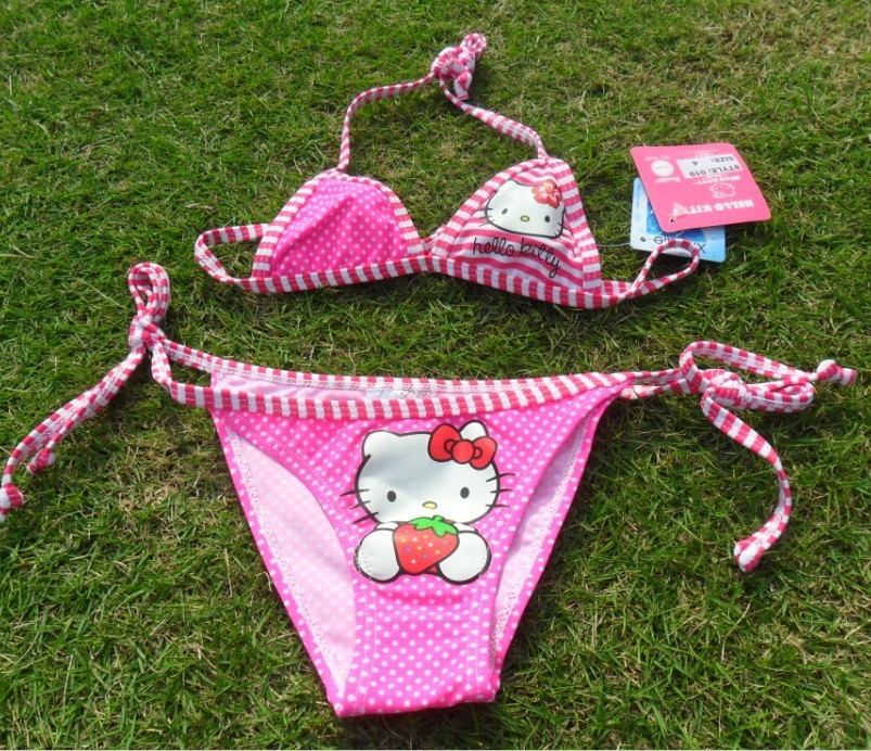 free shipping new 2015 hello kitty kids girls swimwear two pieces bikini set swimsuit 1
