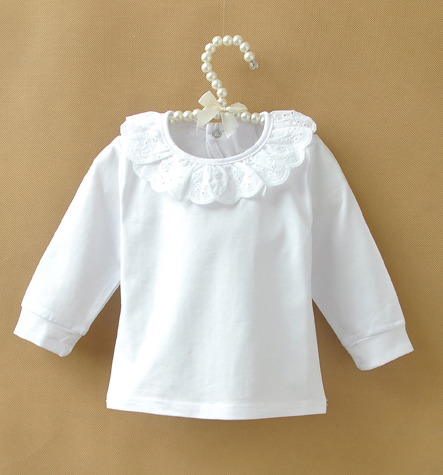 2015 Children T shirts for Kids Girls Tops Long Sleeve Lace Collar Girls Blouse White Bottoming