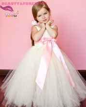 Handmade Lined Flower Girl Tutu Dress Maxi dress with Pink Ribbon Sash