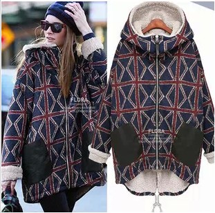 Fashion women winter jackets coats plus velvet personality plaid wadded winter jacket plus size long design cotton-padded jacket