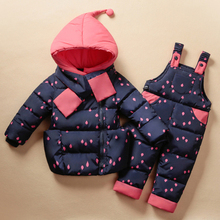 2015 Winter Children’s Clothing Set Kids Ski Suit Overalls Baby Girls Down Coat Warm Snowsuits Jackets+bib Pants 2pcs/set 0-5t