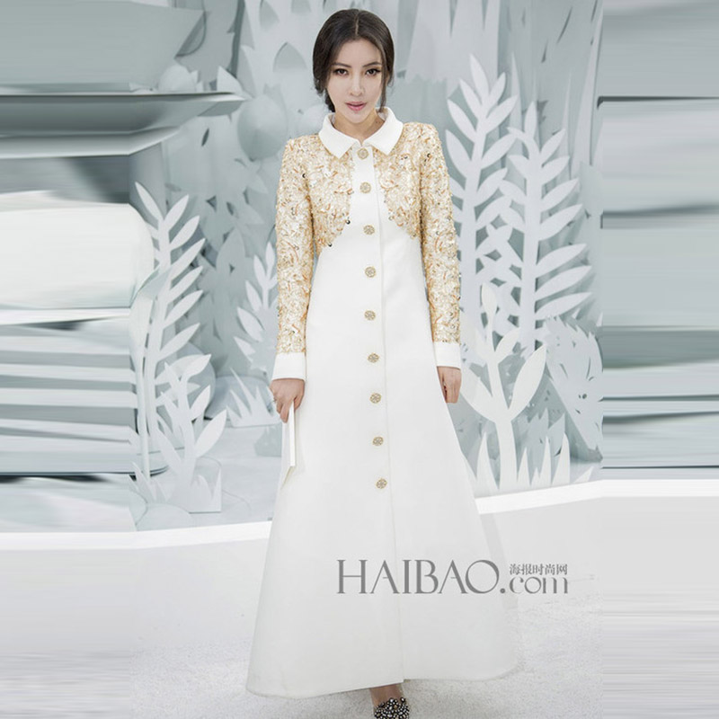 Brand Dress 2015 European Fashion Women's High Quality Turn-Down Collar Full Sleeve Ankle-Length White Sequined Long Dress