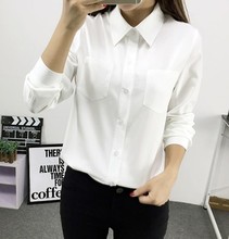 spring new women’s long-sleeve lapel shirt Slim white blue solid color pockets blouse ladies office wear single breasted top