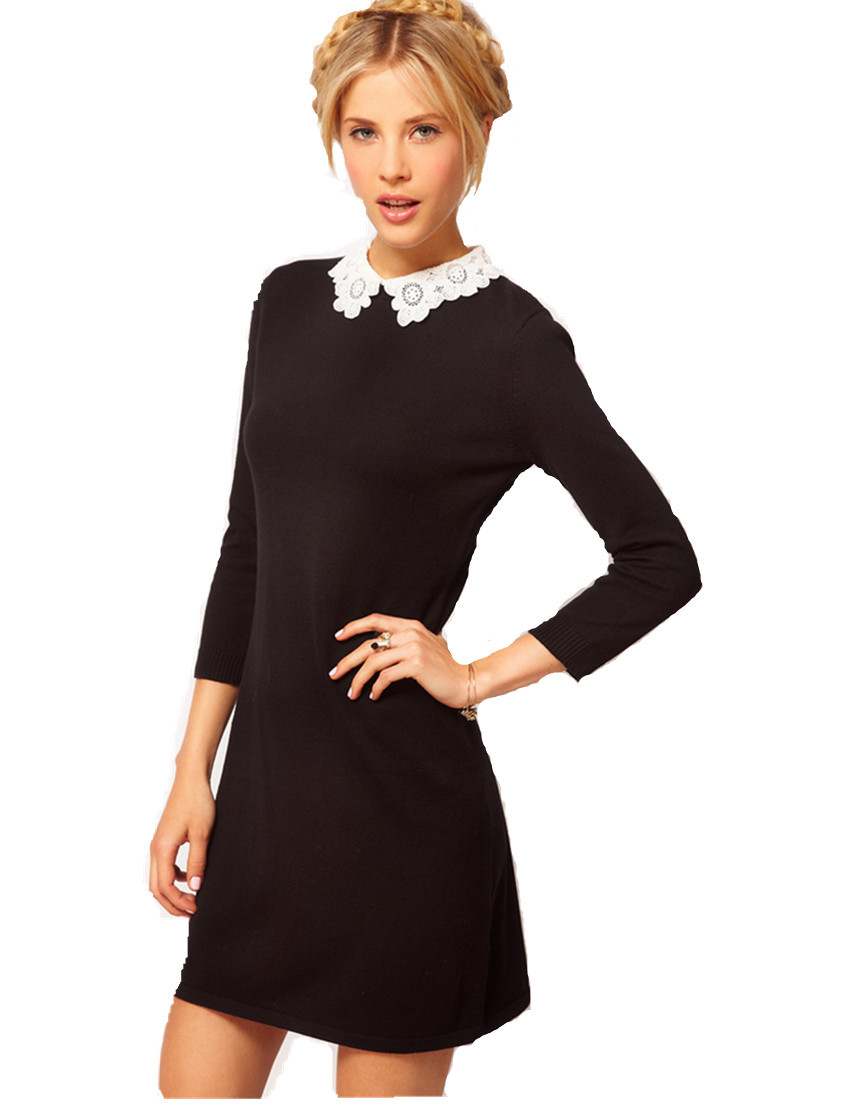 Валберис платье чёрное с белым воротником и рукавами кружево