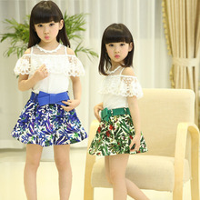 2016 Girls Spring Summer Vest Lace Floral T Shirt Dress Girls Clothes Green Skirts Children Clothing 4-15 Years Kids Clothes