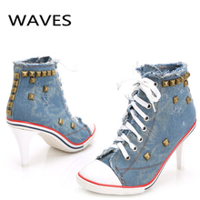 New Vintage Rivet Pumps Women Ladies Lace-Up Canvas High Heels Girl Casual Denim Pumps Rivets Sexy Cool Punk Party Shoes
