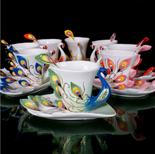 Festival Gift painting creative cup Bone China 3D Color Emamel Porcelain animal peacock mug saucer spoon