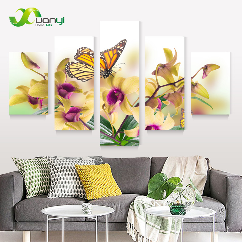 5 Panel Large Modern Flower Butterfly Canvas Oil Painting Cuadros Wall Art Picture For Living Room Printed Unframed PF922