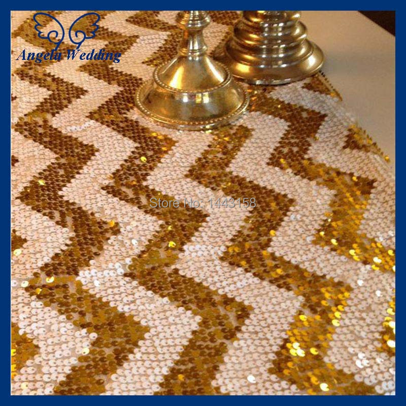 Custom size popular table custom  made chevron white sequin gold runner and runner table Wedding