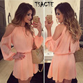 2016 New Style Summer Pink Dress Sexy Off Shoulder Long Sleeve Tunic Women Chiffon Dress Russion