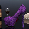 Fashion 2016 Purple Lace Flower Wedding Shoes Evening Party High Heels Women Genuine Leather Pumps Bridal