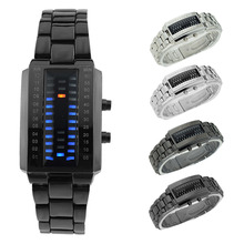 Novedad Unisex hombre mujer niño niña acero inoxidable resistente al agua binario modo LED azul reloj de pulsera