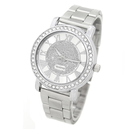 Popular Men Casual Rhinestone Analog Quartz Silver Color Alloy Band Frosted Wrist Watch NO181 5V71