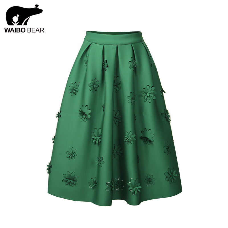 Hot Vintage 2016 Women Summer High Waist Solid Ball Gown embroidery skirt Ladies Casual Mid-Calf Pleated Skirts WAIBO BEAR