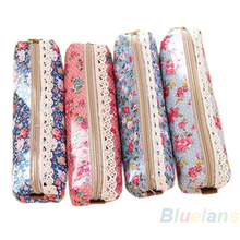 Fashion Mini Retro Flower Floral Lace Pencil Shape Pen Case Cosmetic Makeup Make Up Bag Zipper Pouch Purse 02OK