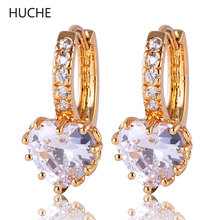 HUCHE Anniversary Jewelry Gift Women Earrings 18K Gold Plated Heart Shape Zirconia Crystal Leverback Hoop Earing Hot Sale E004