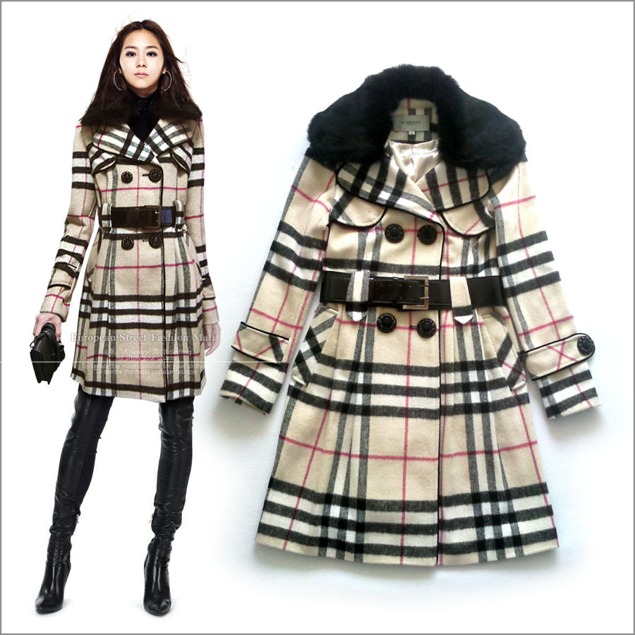Winter 2013 Women Elegant  Rex Rabbit Fur Collar Classic Double-breasted Plaid long Woolen Brand Coats lkh0822