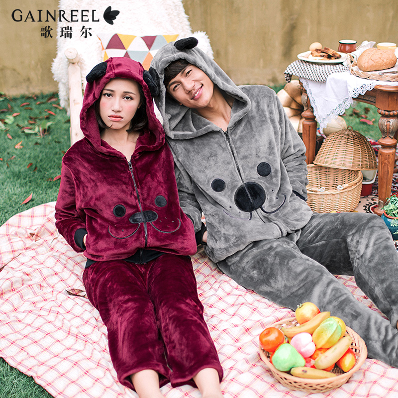 Song Riel autumn and winter flannel pajamas cute cartoon couple long sleeved tracksuit men think pregnant