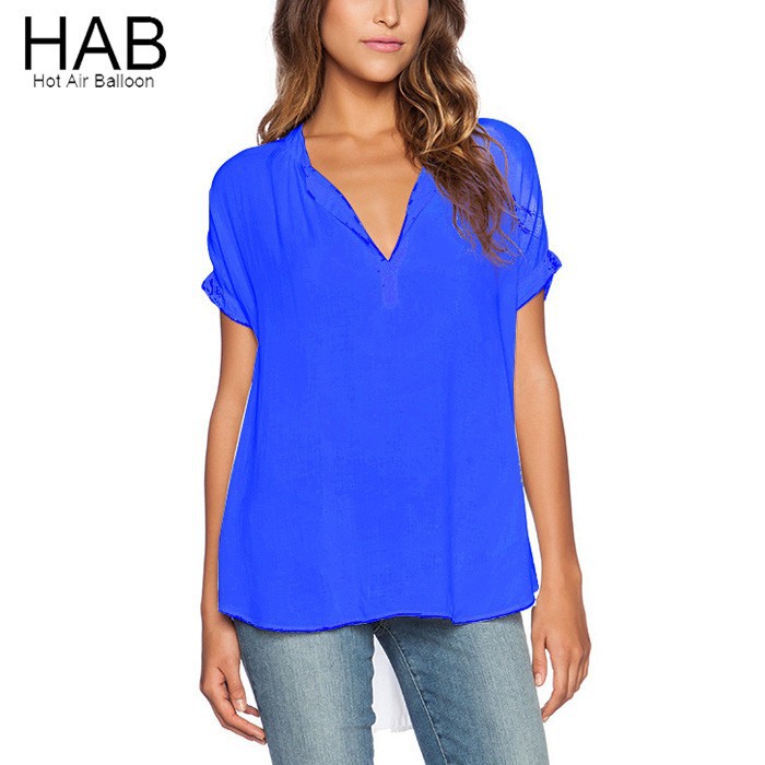 HAB Brand New 2015 Women Designer Tops 2015 Fashion Summer Chiffon Blouses Solid V Neck Short Sleeve Tee Shirt Femme Plus Size