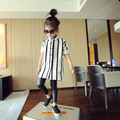 2 7Y 2016 new autumn girls vertical stripe blouse children black and white shirt middle long
