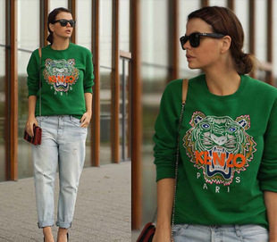 Autumn Hoodies Embroidery Tiger Head O-Neck Long S...
