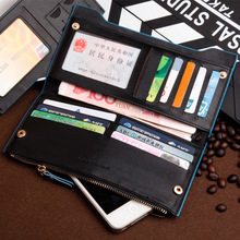 2015 famous brand Genuine leather men zipper long wallet chain cow leather male purse with coin