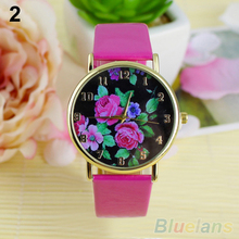 Mujeres de la flor de Rose Dial de cuero de imitación correa cuarzo analógico reloj de pulsera ocasional 0SLA