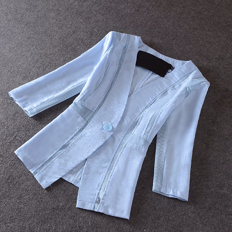 1 M- 4XL women 2015 new summer style mesh splicing hollow cotton linen plus size Blazers feminino small suit jacket female LY96
