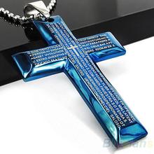 High Quality Men s Jewelry Black Blue Stainless Steel Bible Cross Pendant Necklace Chain items 02KE