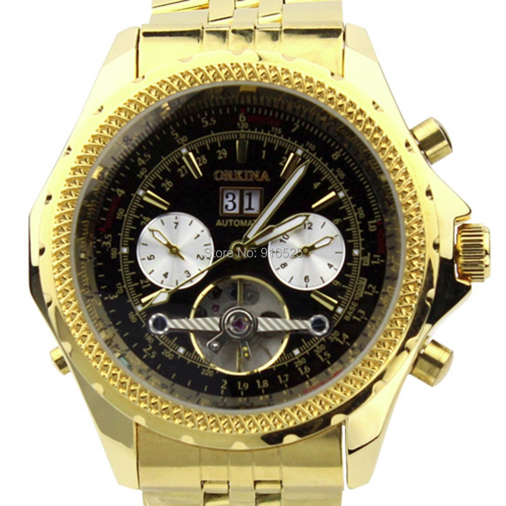Orkina Black 6 Hand Transparent Dial Mechanical Gold Color Wrist Watch | ORK0038