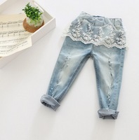2015 New Fall Kids Girls Ripped Jeans Holes Lace Trousers Soft Pants For Girls Boutique Clothing Stock PT80810-14