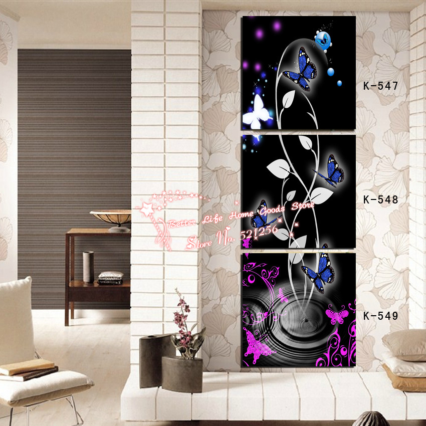 Modern Wall Art Home Decoration Printed Oil Painting Pictures 3 Piece Abstract Blue Butterflies Hallway Decor Canvas Prints