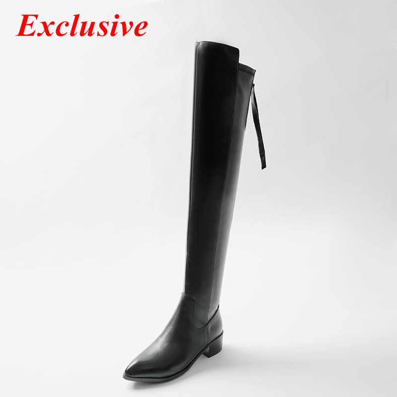 Women Low-heeled Knee Boots Winter Short Plush Genuine Leather Pointed Toe Long Boots Black High Quality Low-heeled Knee Boots