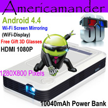 Quad Core Android4.4 Power Bank Mini Portable DLP Projector Wi-Fi DLNA Business Home Theater Wireless Display Free shipping