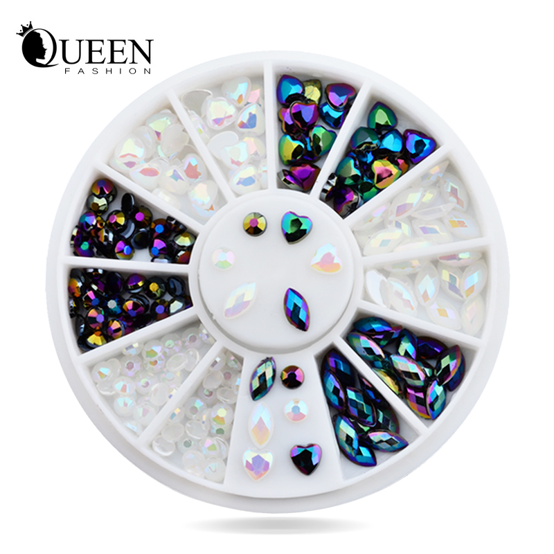 New White AB Black Glitter Nail Rhinestone Pearls Wheel Round Heart Designs Acrylic Flat Back Charm