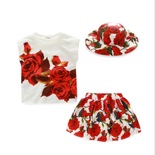2016 New Girls Clothing Sets Baby Kids Clothes Suit Children Short Sleeve T-Shirt +Hat+Skirt 3pcs Set Roupas Infantil Meninas