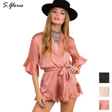 S.gloris Girls Overalls Elegant Short Playsuits Sexy Nightwear Deep V-neck Solid Women Jumpsuit Rompers Summer Fitness