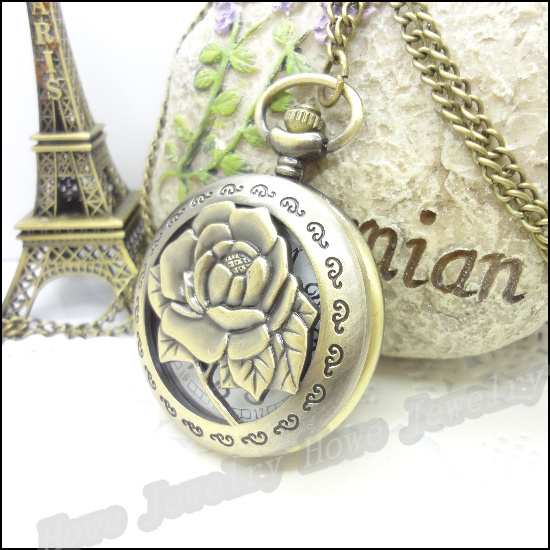 New Steampunk Quartz Dress Pocket Watch Rose Flower Vintage Style Bronze Necklace Pendant Chain Clock