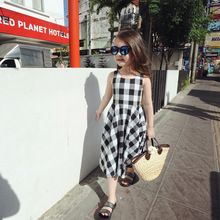 Summer style sleeveless dress for girls black white plaid veat dress baby kids children brand fancy dress clothes 2-8 year