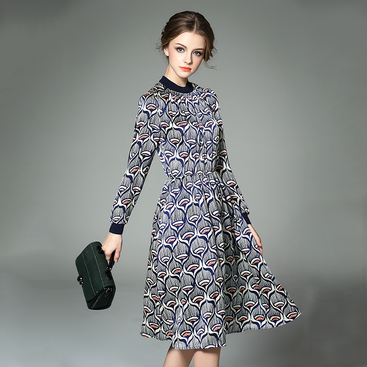 2016 women in Europe and the new stamp neck long sleeved dress slim waist long a A-line dress wholesale agent