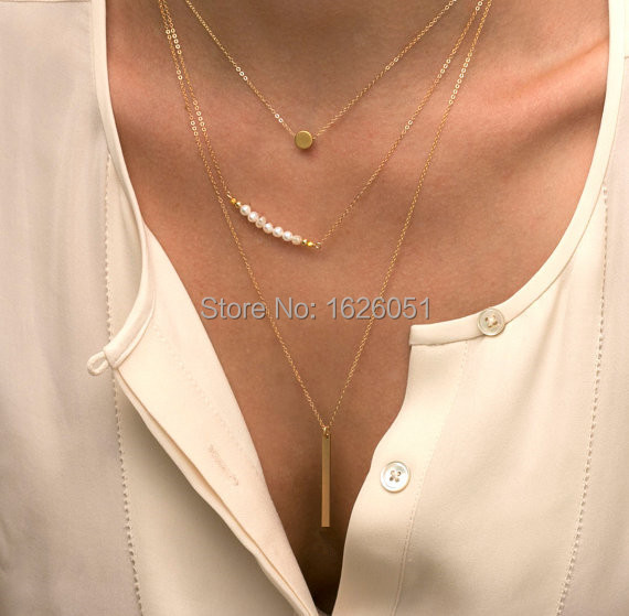 New Arrival Fashion Trendy 3 layers Gold Metal Bar Pearl Necklace Women Jewelry for Love Lucky