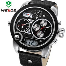 WEIDE Brand Big Dial Waterproof Men Quartz Leather Wrist Watch LCD Dual Time Display Multi function