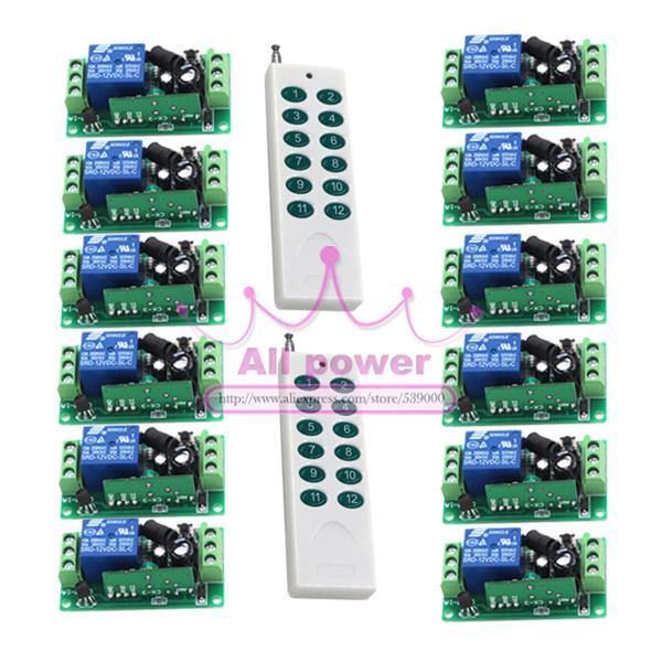 DC12V RF Wireless Switch Wireless remote control system 2transmitter 12receiver10A 1CH Toggle Momentary Latched Learning Code