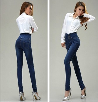 Hot 2015 Fashion Women High Waist Jeans Women Single Breasted High Elastic Skinny Slim Pencil Pants
