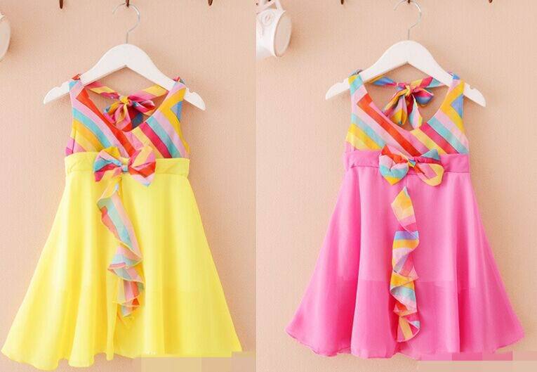 2015 New Summer Girl Dress Colorful Stripe Bowknot Girl Chiffon Dress 2-5Y 31301